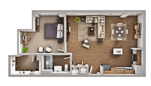 Floor plan for 1 bed, 1 bath, 635 sqft